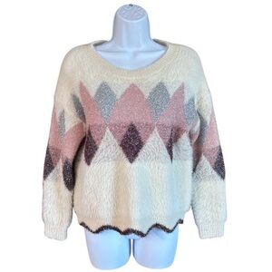Zero Degree Celsius Women's Tinsel Argyle Sweater - Cream, Pink, and Gray Small